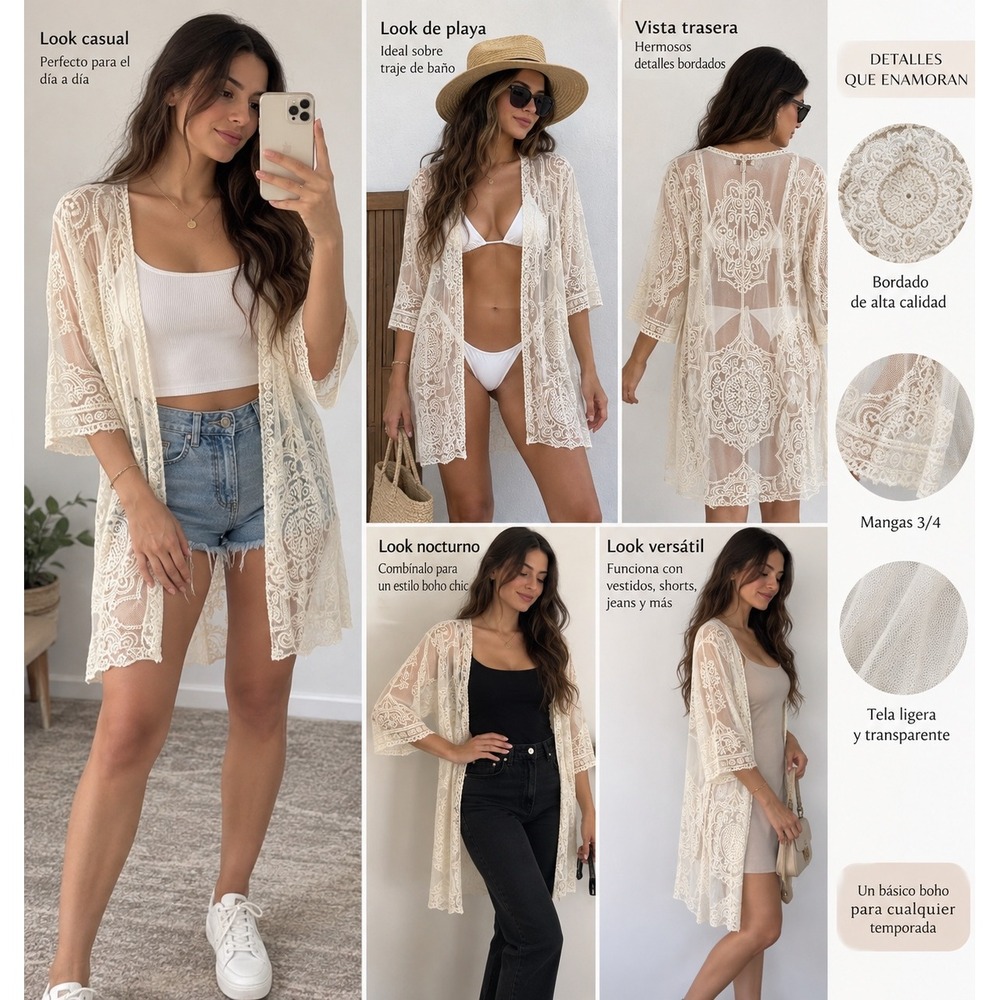 True Craft Cream Ivory Sheer Mesh Embroidered Kimono Cardigan XS/S
